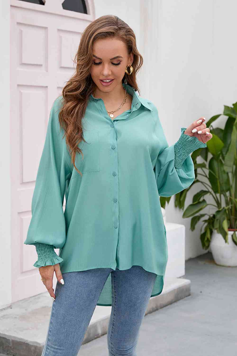 High-Low Collared Neck Lantern Sleeve Shirt BLUE ZONE PLANET