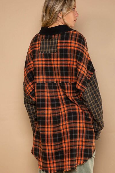 POL Plaid Contrast Long Sleeve Raw Hem Shacket with Chest Pockets Trendsi