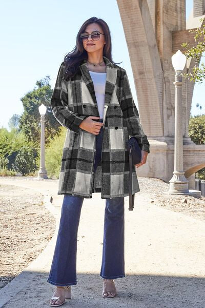 Double Take Full Size Plaid Button Up Lapel Collar Coat BLUE ZONE PLANET