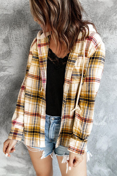 Plaid Button Up Hooded Jacket BLUE ZONE PLANET