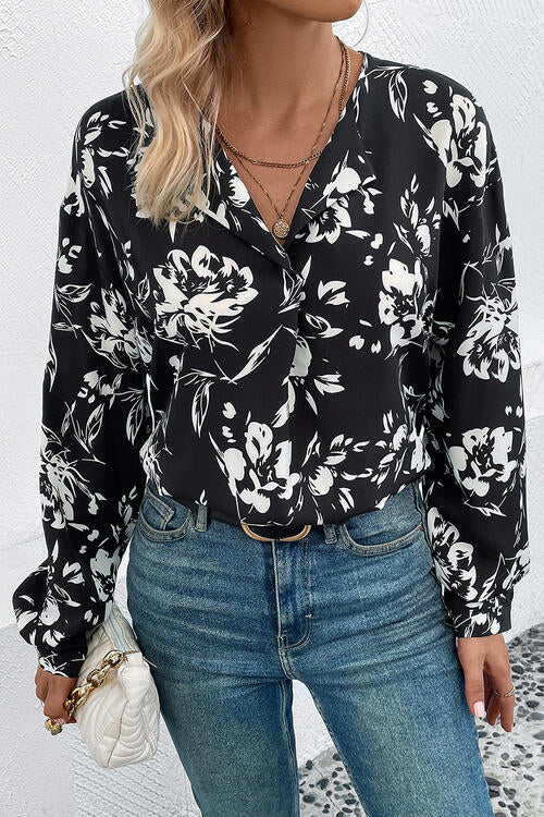 Floral Collared Neck Long Sleeve Top BLUE ZONE PLANET