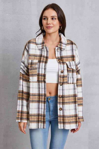 Plaid Button Up Dropped Shoulder Outerwear-TOPS / DRESSES-[Adult]-[Female]-Camel-S-2022 Online Blue Zone Planet