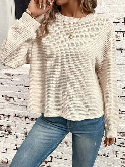 Waffle-Knit Round Neck Long Sleeve T-Shirt Trendsi