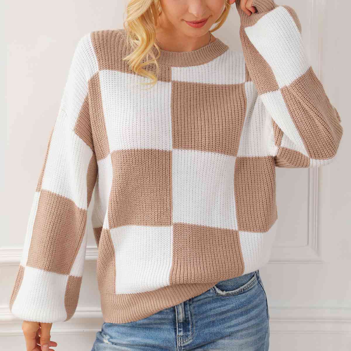 Checkered Round Neck Drop Shoulder Long Sleeve Sweater BLUE ZONE PLANET