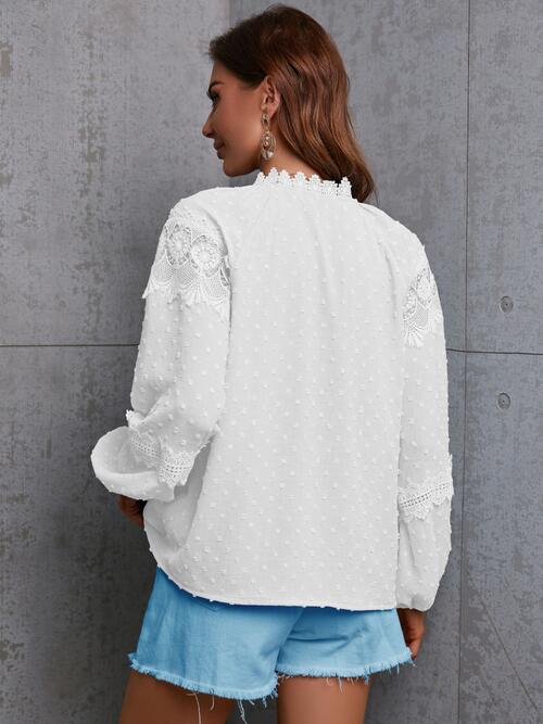 Crochet Tassel Tie Neck Long Sleeve Blouse BLUE ZONE PLANET