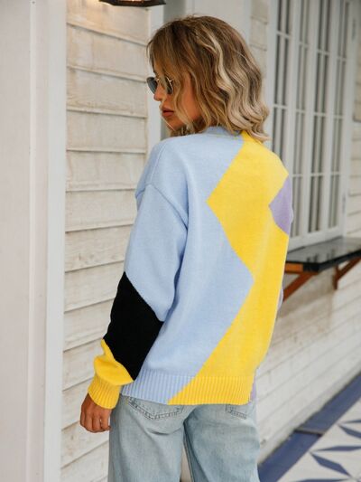 Color Block Round Neck Dropped Shoulder Sweater BLUE ZONE PLANET