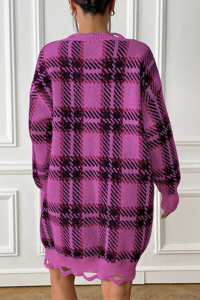 Plaid V-Neck Long Sleeve Sweater Dress BLUE ZONE PLANET