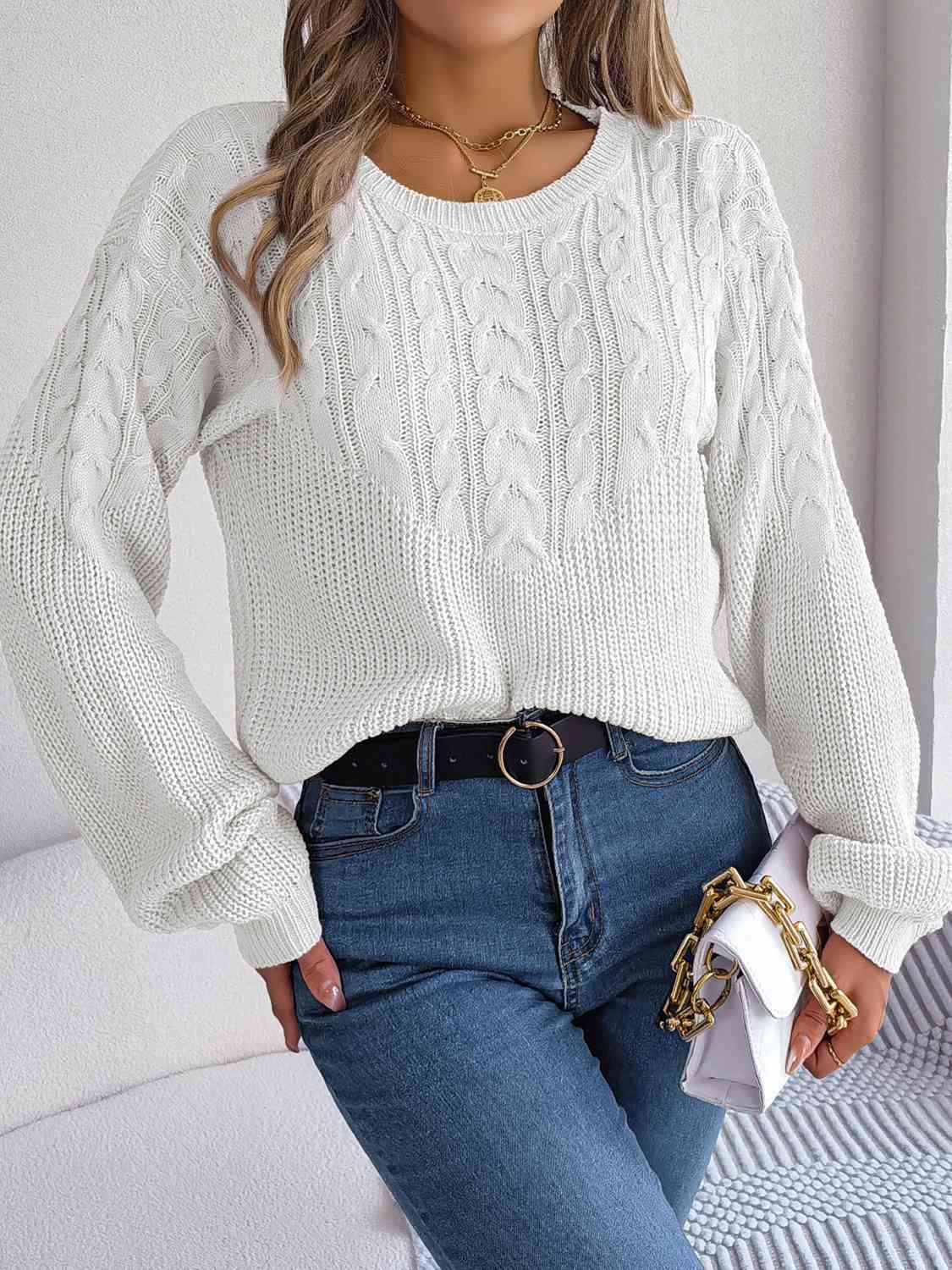 Cable-Knit Round Neck Drop Shoulder Sweater BLUE ZONE PLANET