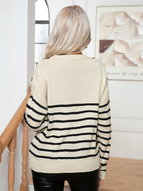 Striped Round Neck Cable-Knit Sweater BLUE ZONE PLANET