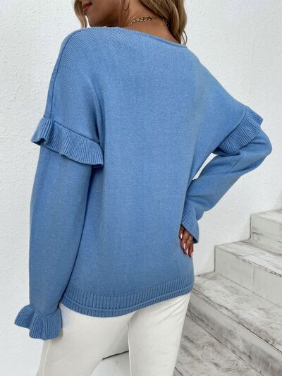 Blue Zone Planet |  Ruffled V-Neck Dropped Shoulder Sweater BLUE ZONE PLANET