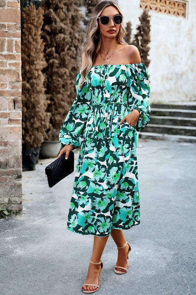 Printed Balloon Sleeve Pocketed Midi Dress-TOPS / DRESSES-[Adult]-[Female]-2022 Online Blue Zone Planet