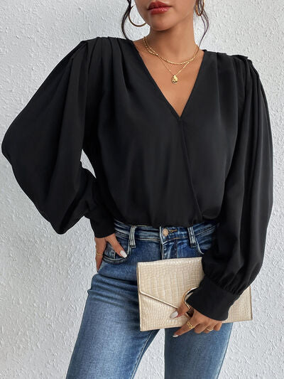 Surplice Ruched Long Sleeve Bodysuit Trendsi