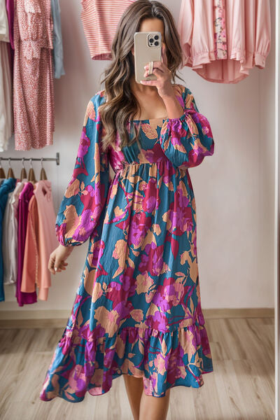 Square Neck Balloon Sleeve Midi Dress Trendsi