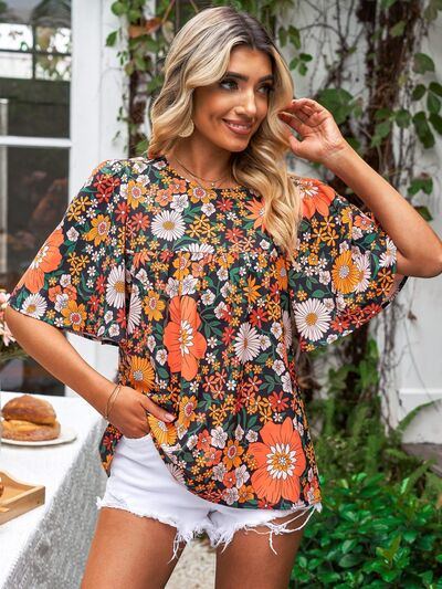 Printed Round Neck Half Sleeve Blouse Trendsi