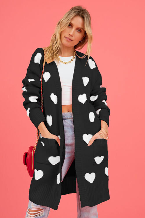 Heart Graphic Open Front Cardigan with Pockets BLUE ZONE PLANET