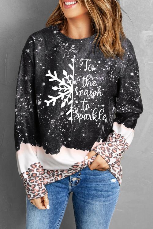 Graphic Leopard Round Neck Long Sleeve Sweatshirt BLUE ZONE PLANET