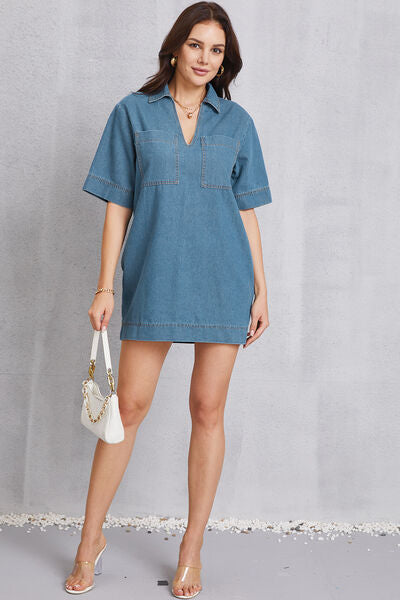 Pocketed Collared Neck Mini Denim Dress-TOPS / DRESSES-[Adult]-[Female]-2022 Online Blue Zone Planet