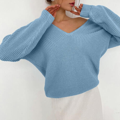 V-Neck Dropped Shoulder Long Sleeve Sweater BLUE ZONE PLANET