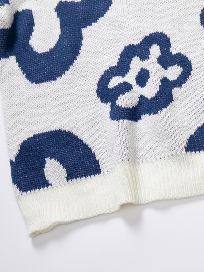 Flower Pattern Round Neck Long Sleeve Sweater BLUE ZONE PLANET