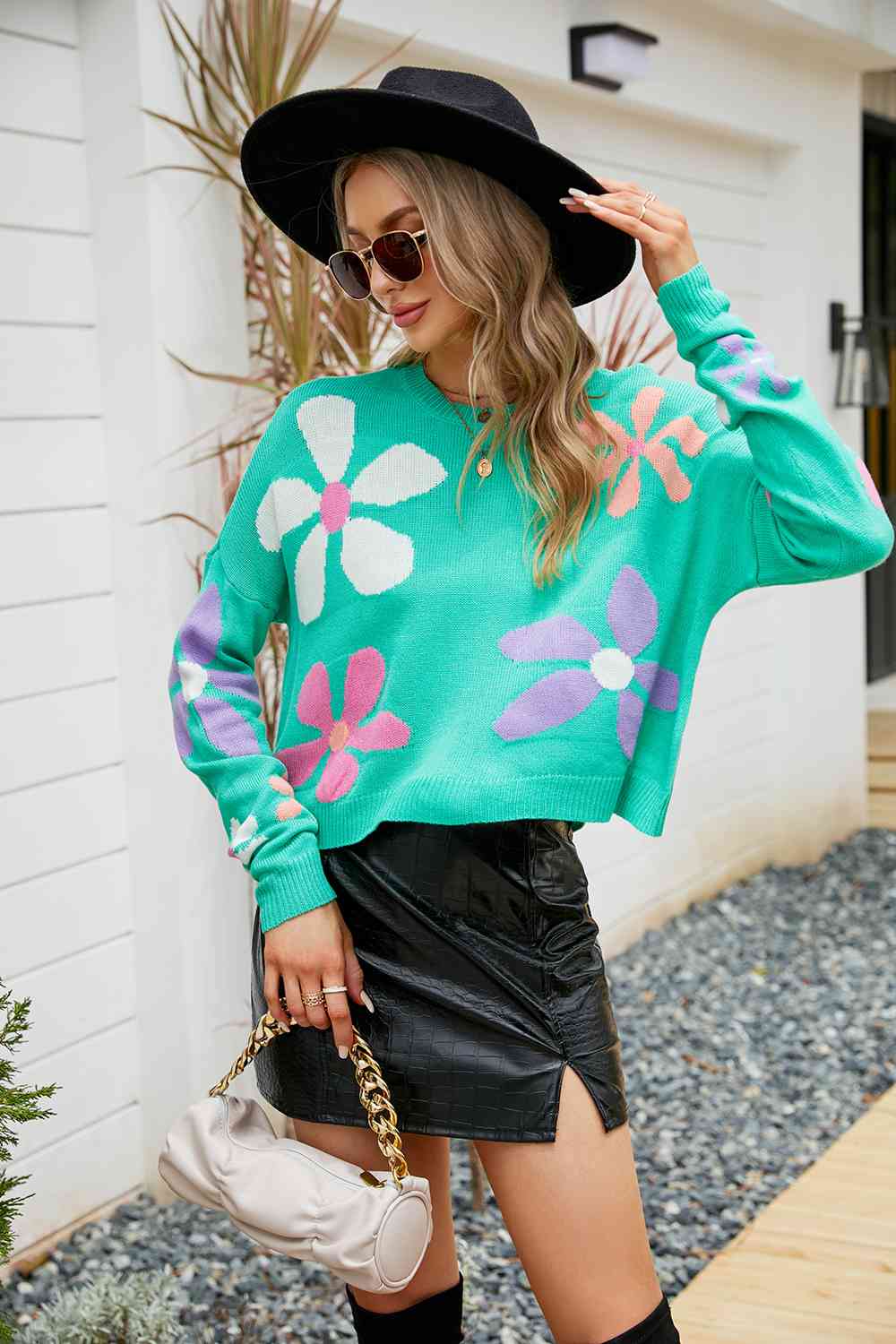 Flower Round Neck Drop Shoulder Sweater BLUE ZONE PLANET