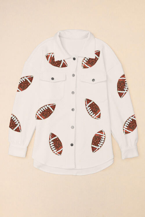 Sequin Football Patch Collared Neck Snap Button Jacket BLUE ZONE PLANET