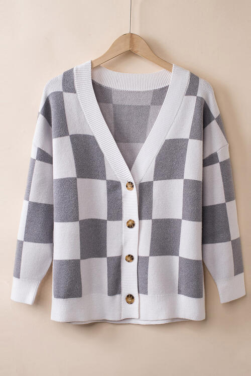 Checkered Button-Up Dropped Shoulder Cardigan BLUE ZONE PLANET