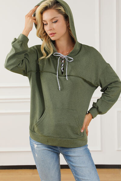 Lace-Up Exposed Seam Hoodie with Pocket-TOPS / DRESSES-[Adult]-[Female]-2022 Online Blue Zone Planet