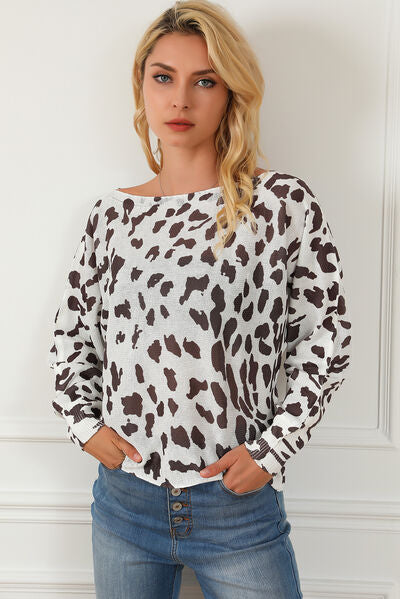 Blue Zone Planet |  Leopard Boat Neck Long Sleeve Sweater BLUE ZONE PLANET