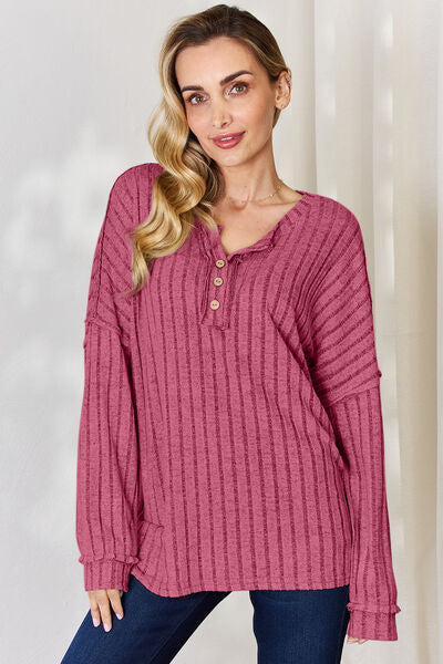 Basic Bae Full Size Ribbed Half Button Long Sleeve T-Shirt-TOPS / DRESSES-[Adult]-[Female]-Hot Pink-S-2022 Online Blue Zone Planet