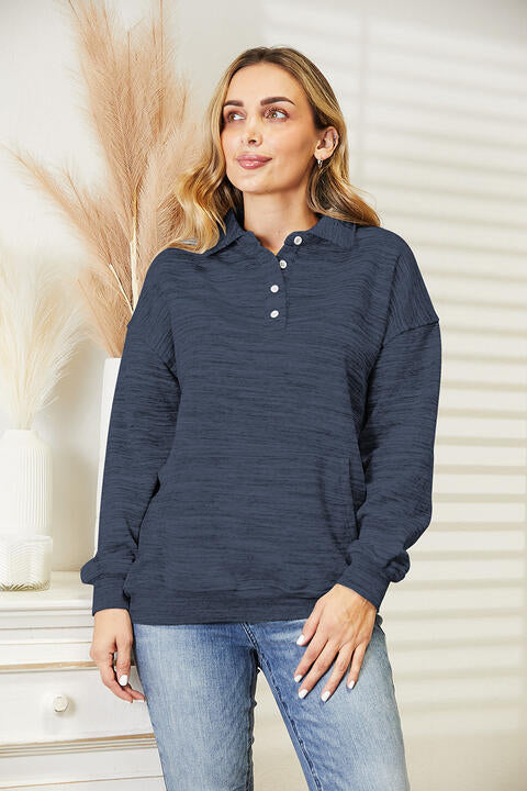 Blue Zone Planet |  Ninexis Full Size Quarter-Button Collared Sweatshirt BLUE ZONE PLANET