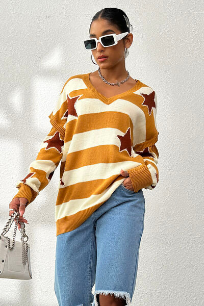 Blue Zone Planet |  Star Pattern V-Neck Cutout Sweater BLUE ZONE PLANET