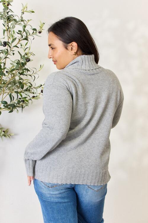 Heimish Full Size Turtleneck Long Sleeve Slit Sweater BLUE ZONE PLANET
