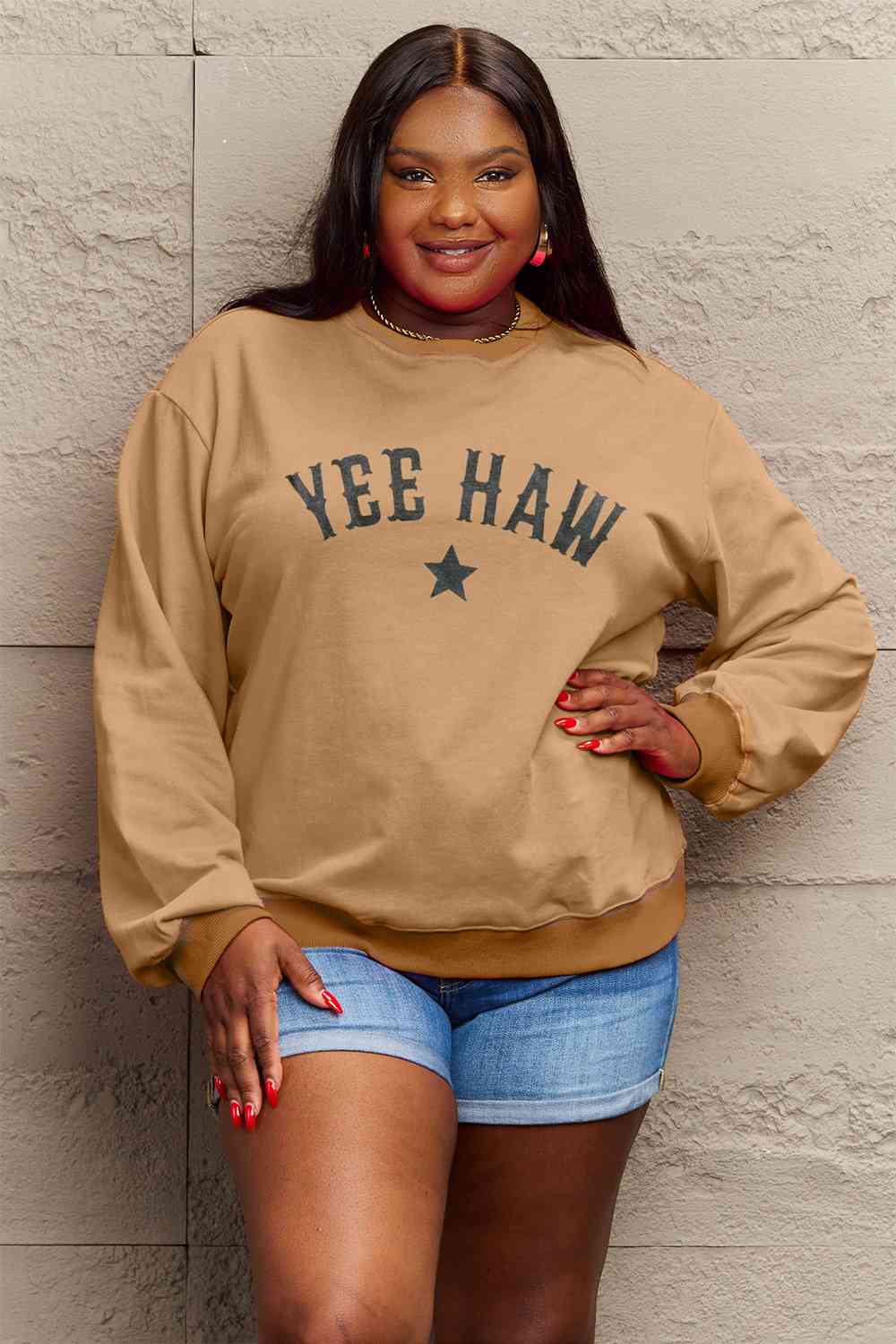 Simply Love Full Size YEEHAW Graphic Round Neck Sweatshirt BLUE ZONE PLANET