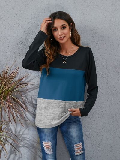 Color Block Round Neck Long Sleeve T-Shirt-TOPS / DRESSES-[Adult]-[Female]-Peacock Blue-S-2022 Online Blue Zone Planet