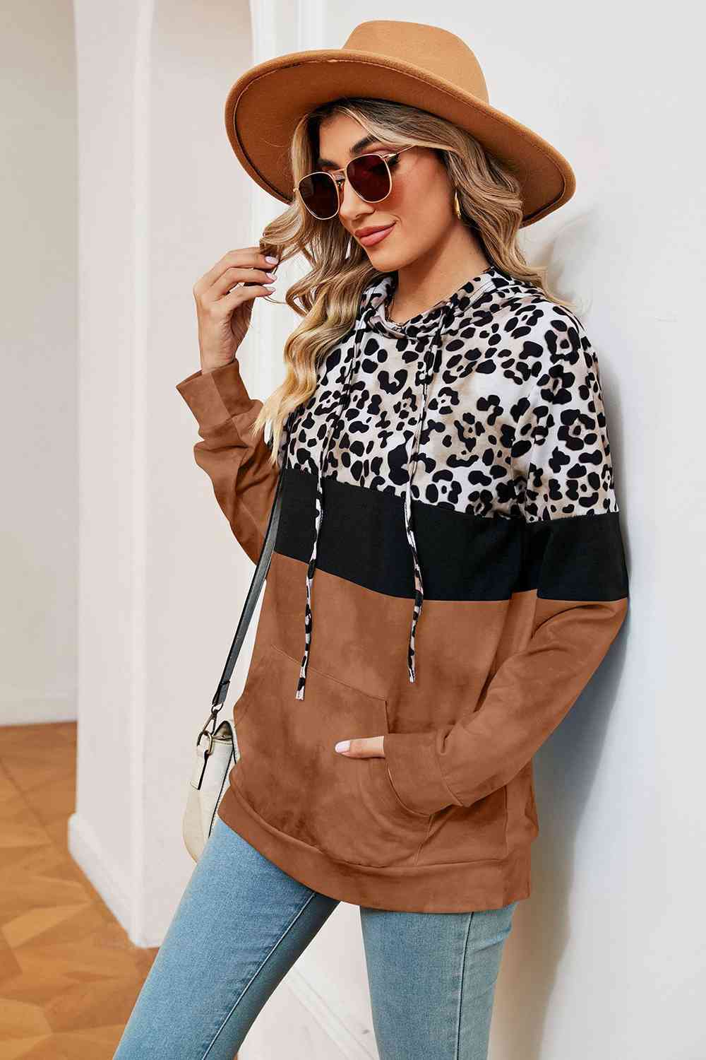 Leopard Drawstring Hoodie with Pocket BLUE ZONE PLANET