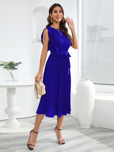 Blue Zone Planet |  Tied Round Neck Pleated Midi Dress BLUE ZONE PLANET