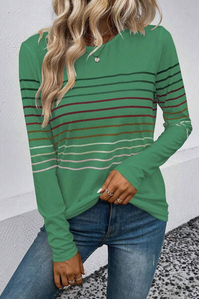 Blue Zone Planet | Striped Round Neck Long Sleeve T-Shirt-TOPS / DRESSES-[Adult]-[Female]-Gum Leaf-S-2022 Online Blue Zone Planet