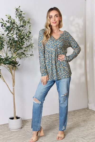 Blue Zone Planet |  Heimish Full Size Floral Half Button Long Sleeve Blouse BLUE ZONE PLANET