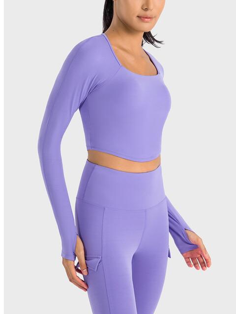 Square Neck Long Sleeve Cropped Sports Top BLUE ZONE PLANET