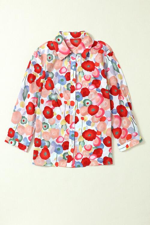 Floral Collared Neck Button Down Shirt BLUE ZONE PLANET