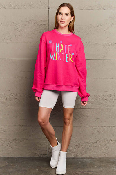 Simply Love Full Size I HATE WINTER Dropped Shoulder Sweatshirt-TOPS / DRESSES-[Adult]-[Female]-Deep Rose-S-2022 Online Blue Zone Planet