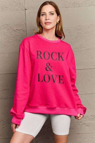 Simply Love Full Size ROCK ＆ LOVE Round Neck Sweatshirt-TOPS / DRESSES-[Adult]-[Female]-Deep Rose-S-2022 Online Blue Zone Planet