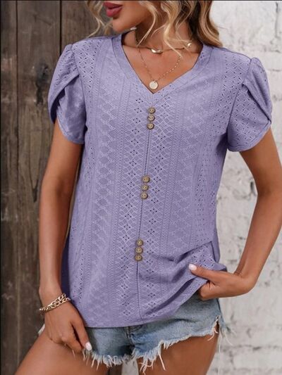 Blue Zone Planet |  Eyelet V-Neck Petal Sleeve T-Shirt BLUE ZONE PLANET