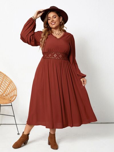 Plus Size Lace Detail V-Neck Balloon Sleeve Dress-TOPS / DRESSES-[Adult]-[Female]-Chestnut-0XL-2022 Online Blue Zone Planet