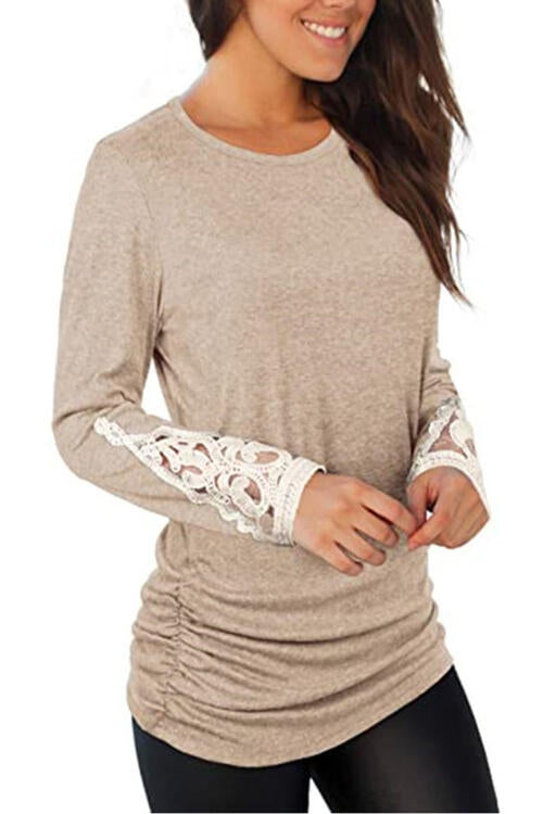 Lace Detail Long Sleeve Round Neck T-Shirt BLUE ZONE PLANET