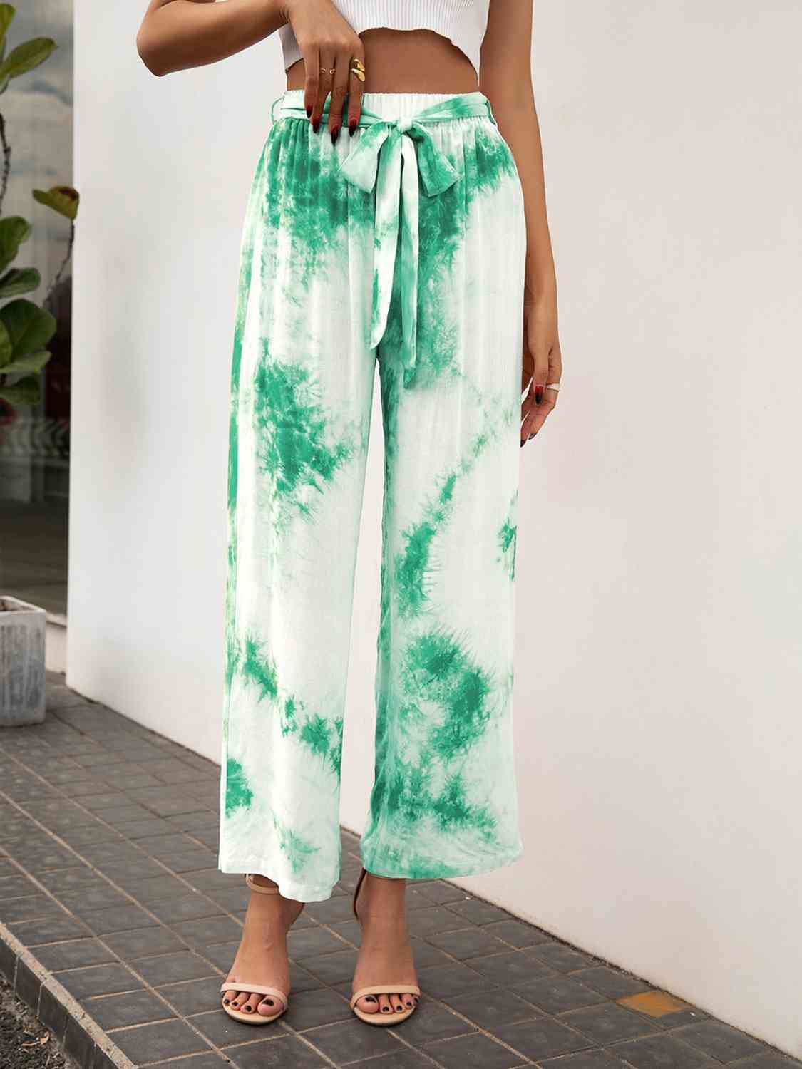 Tie-Dye Tie Front High Waist Pants-BOTTOM SIZES SMALL MEDIUM LARGE-[Adult]-[Female]-Mid Green-S-2022 Online Blue Zone Planet
