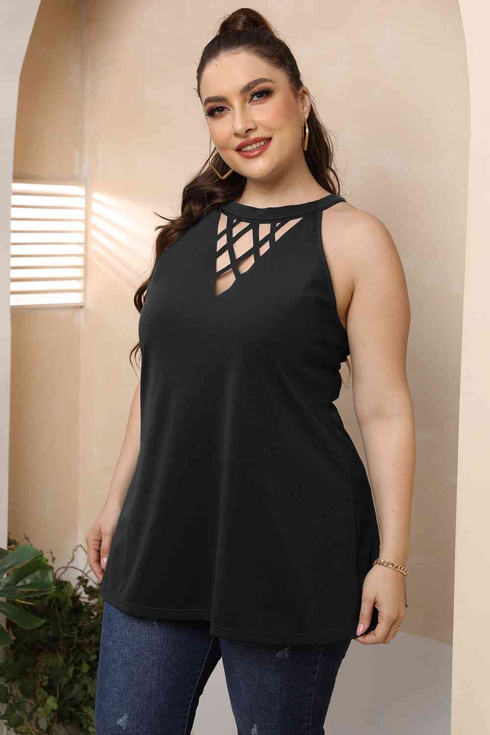 Plus Size Halter Neck Cutout Sleeveless Dress BLUE ZONE PLANET