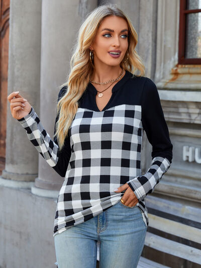 Plaid Notched Long Sleeve T-Shirt Trendsi