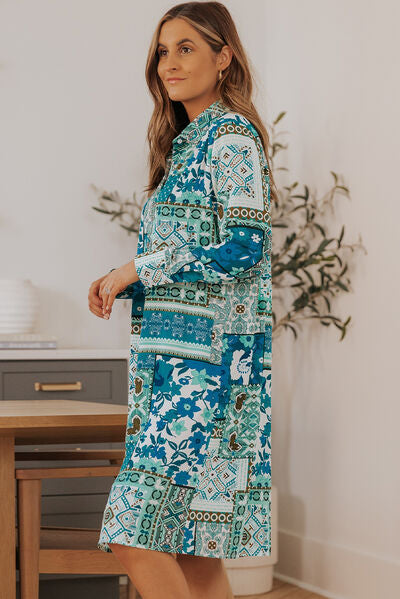 Blue Zone Planet |  Printed Button Up Long Sleeve Shirt Dress BLUE ZONE PLANET