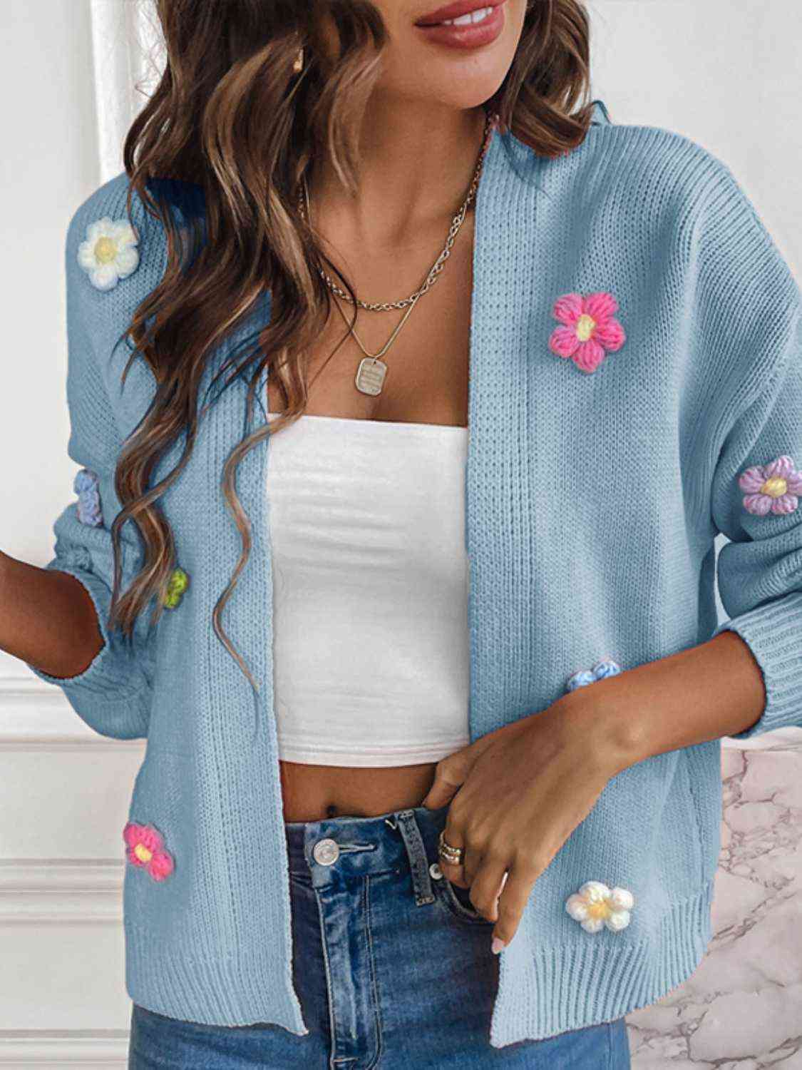 Floral Long Sleeve Open Front Cardigan BLUE ZONE PLANET